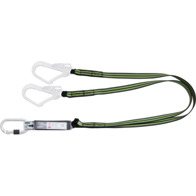 Dobbel stillaskrok 55 mm med skrukarabinkrok 17 mm og falldemper 35 mm lengde 1,8 m