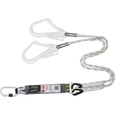 Kjernemanteltau 1,5 mtr med falldemper og 2 stål stillaskroker 55 mm og skrukarabiner 17 mm