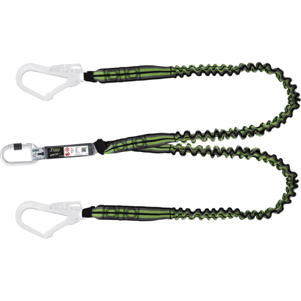 Bånd med falldemper, fleksibel 1,4-2 mtr dobbel stillaskrok og skru karabiner 17 mm, stål