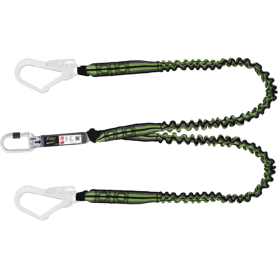 Bånd med falldemper, fleksibel 1,4-2 mtr dobbel stillaskrok og skru karabiner 17 mm, stål