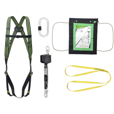 Industriell vedlikeholdssett med en sele, en stålkarabinkrok, en fallblokk 2,5 mtr og en forankringsslynge 1,2 mtr