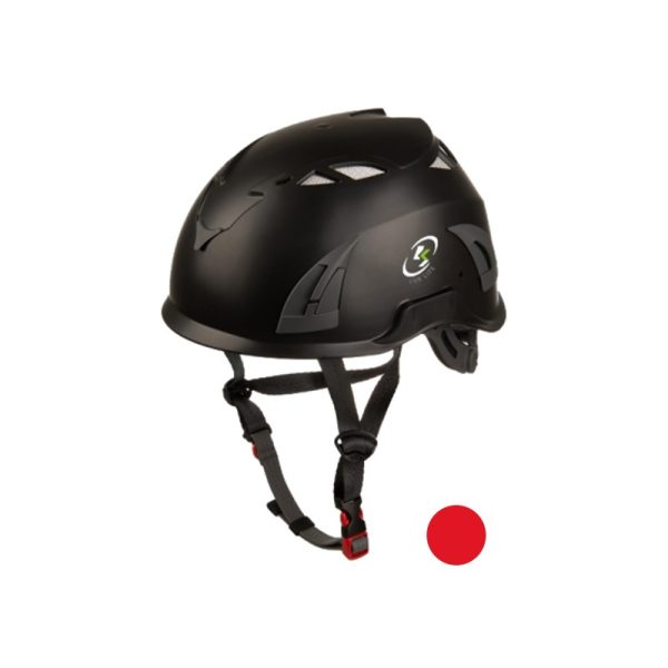 Hjelm - Rød med 4-punkts hakestropp, spor for montering av lykt, hørevern og visir